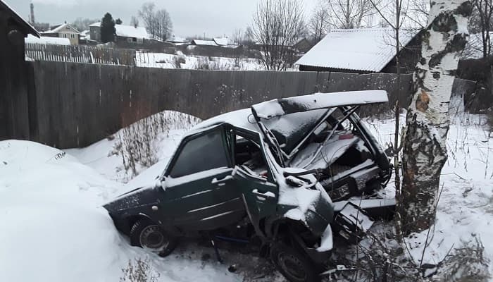 Тачка всмятку: в Белохолуницком районе мужчина на «девятке» влетел в дерево