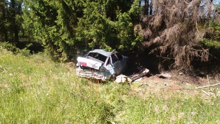 Два человека на ВАЗе съехали с дороги и перевернулись