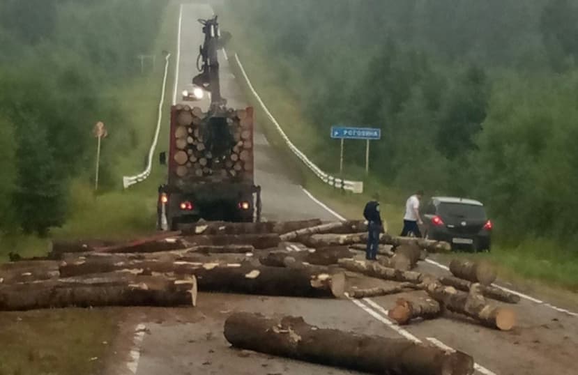 Лесовоз разбросал брёвна по дороге